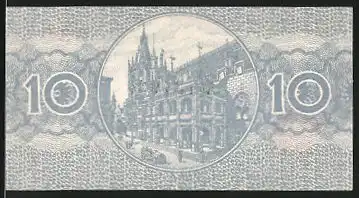 Notgeld Köln 1920, 10 Pfennig, Gebäudeansicht mit Auto