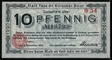 Notgeld Köln 1920, 10 Pfennig, Gebäudeansicht mit Auto