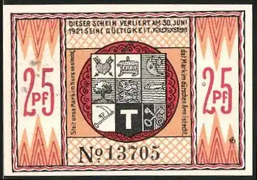 Notgeld Steinfeld 1920, 25 Pfennig, Wappen, Silhouette der Stadt