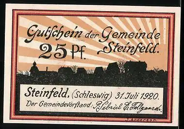 Notgeld Steinfeld 1920, 25 Pfennig, Wappen, Silhouette der Stadt