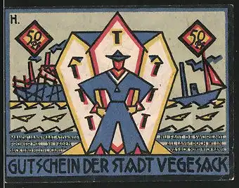 Notgeld Vegesack 1921, 50 Pfennig, Matrose vor Hafengebäude, Wappen