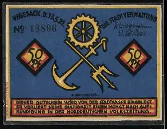 Notgeld Vegesack 1921, 50 Pfennig, Matrose vor Hafengebäude, Wappen