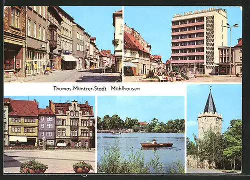AK Mühlhausen, Steinweg, "Hotel Stadt Mühlhausen", Karl-Marx-Platz, Naherholungszentrum Schwanenteich