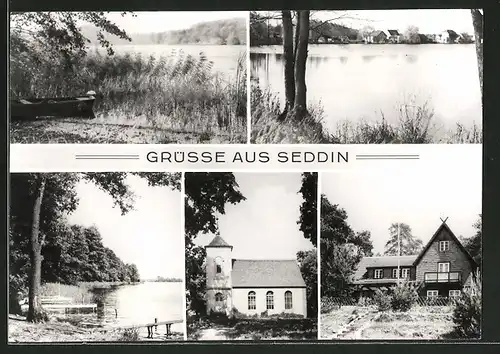 AK Seddin, Blick auf den Seddiner See, Kirche und Ferienheim VEB Minol