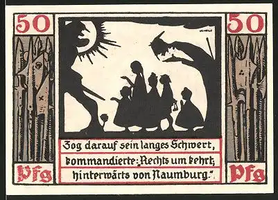 Notgeld Naumburg 1920, 50 Pfennig, Silhouette Lehrer bringt Schüler nach Hause, Wappen