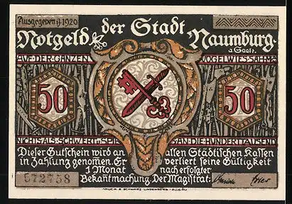 Notgeld Naumburg 1920, 50 Pfennig, Silhouette Lehrer bringt Schüler nach Hause, Wappen