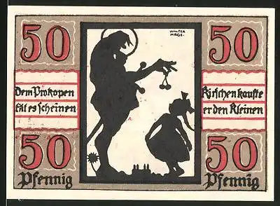 Notgeld Naumburg 1920, 50 Pfennig, Mann überreicht Mädchen Kirschen, Wappen
