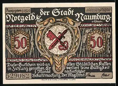 Notgeld Naumburg 1920, 50 Pfennig, Mann überreicht Mädchen Kirschen, Wappen