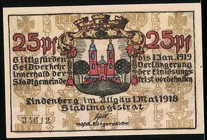 Notgeld Lindenberg 1918, 25 Pfennig, Soldaten mit Stahlhelm & Gewehr marschieren ins Gefecht, Wappen, Bäuerin mit Pflug