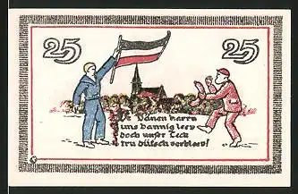 Notgeld Leck, 25 Pfennig, Matrose mit deutscher Fahne trifft auf einen Dänen, Wappen