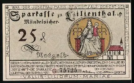 Notgeld Lilienthal 1921, 25 Pfennig, Segelschiff, Kühe, Bäuerin & Bauer, Heiligenbild Maria mit Jesus