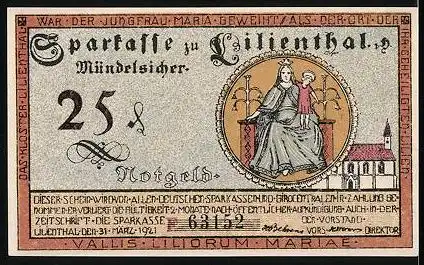 Notgeld Lilienthal 1921, 25 Pfennig, Segelschiff, Kühe, Bäuerin und Bauer, Kirche & Heiligenbild Maria mit Jesuskind