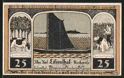 Notgeld Lilienthal 1921, 25 Pfennig, Segelschiff, Kühe, Bäuerin & Bauer ernten Getreide, Kirche & Heiligenbild Maria