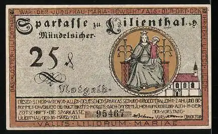 Notgeld Lilienthal 1921, 25 Pfennig, Segelschiff, Kühe, Bäuerin & Bauer ernten Getreide, Kirche & Heiligenbild Maria