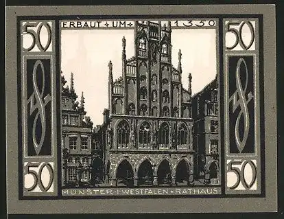 Notgeld Münster 1921, 50 Pfennig, Rathaus erbaut um 1350, Ortsansicht um 1570, Wappen
