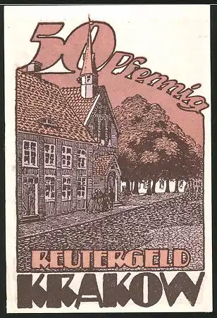 Notgeld Krakow 1922, 50 Pfennig, Strassenpartie mit Gebäudeansicht, Baby verstreut Blumen