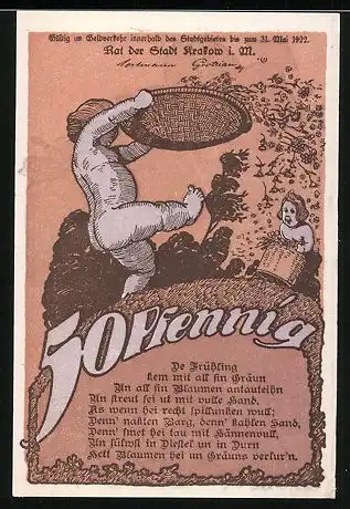 Notgeld Krakow 1922, 50 Pfennig, Strassenpartie mit Gebäudeansicht, Baby verstreut Blumen