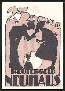 Notgeld Neuhaus 1922, 25 Pfennig, Paar küsst sich, Schosshund, Mann verspeist Fisch