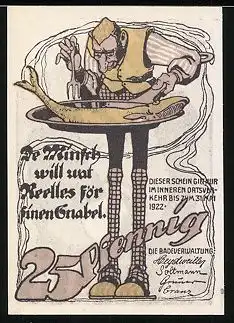 Notgeld Neuhaus 1922, 25 Pfennig, Paar küsst sich, Schosshund, Mann verspeist Fisch