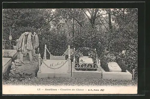 AK Asnières, Cimitières des Chiens, Grabsteine auf dem Hundefriedhof