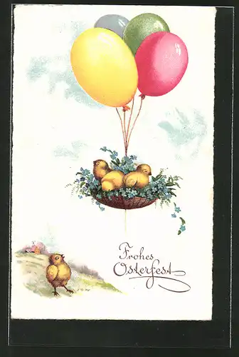 AK Küken im Korb fliegen mit Ballons davon, Frohes Osterfest