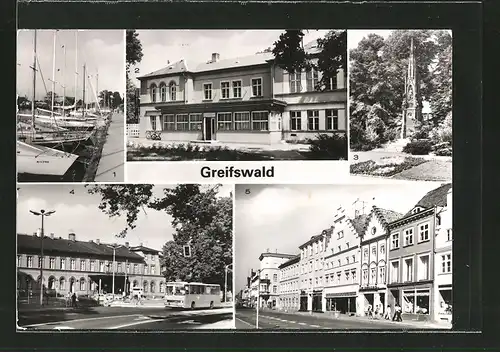 AK Greifswald, Hafen, Haus der DSF, Bahnhof, Rubenow-Denkmal, Platz der Freundschaft