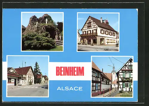 AK Beinheim, monument aux morts et la grotte, la mairie, rue Principale, rue de l'Eglise