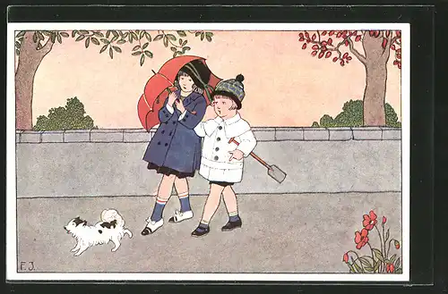 Künstler-AK Franz Jüchtzer: Mädchen gehen Spazieren mit Hund und Regenschirm