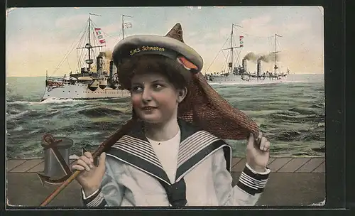 AK schöne Frau in Matrosenuniform mit Mützenband SMS Schwaben, Kriegsschiffe