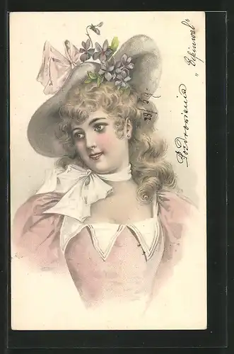 Lithographie Porträt einer blonden Frau mit Hut