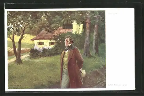 Künstler-AK Komponist Franz Schubert geht spazieren