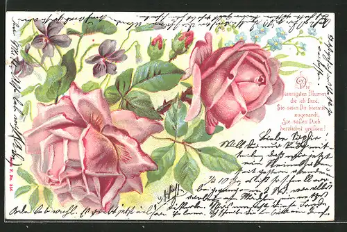 Lithographie rote Rosen mit Veilchen und Vergissmeinnicht