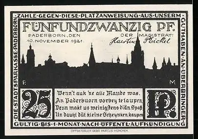 Notgeld Paderborn 1921, 25 Pfennig, Hophei, Silhouette der Stadt