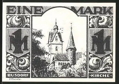 Notgeld Paderborn 1921, 1 Mark, Busdorf Kirche, Schmied bei der Arbeit