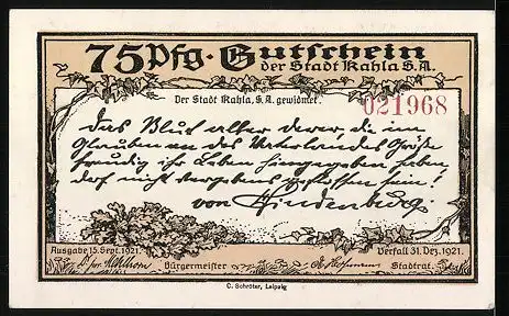 Notgeld Kahla 1921, 75 Pfennig, Ehrenhof des Leuchtenburg-Ehrenmals