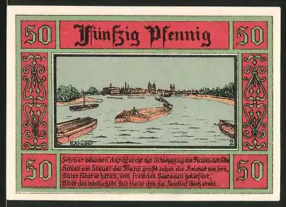 Notgeld Aken 1921, 50 Pfennig, Schleppzug auf der Elbe, Wappen