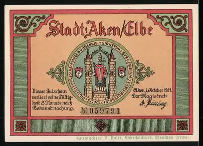 Notgeld Aken 1921, 50 Pfennig, Schleppzug auf der Elbe, Wappen