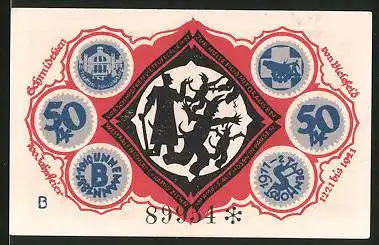 Notgeld Bielefeld 1921, 50 Pfennig, Teufel flüchtet vor dem Schmied