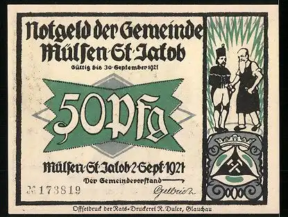 Notgeld Mülsen-St. Jakob 1921, 50 Pfennig, 2 Männer stossen mit Bierkrug an