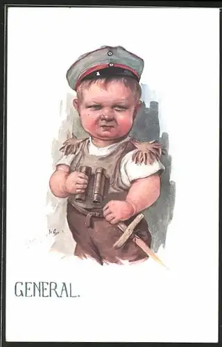 Künstler-AK H.Zahl: General, kleiner Junge mit Schirmmütze und Fernglas