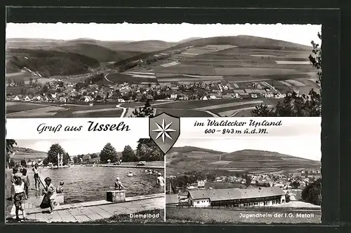 AK Usseln, Ortspanorama, Wappen, Diemelbad, Jugendheim der I. G. Metall