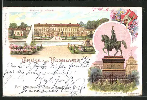 Lithographie Hannover, Schloss Herrenhausen, Ernst-August-Denkmal, Wappen