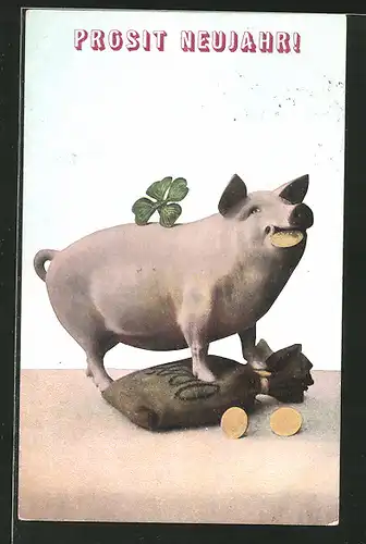 AK Schwein steht auf einem Geldsack und hält eine Münze im Maul - Neujahrsgruss
