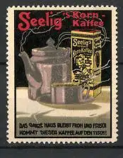 Reklamemarke Seelig's Kornkaffee, Kaffeekanne & Packung Kaffee