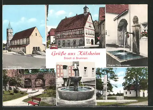 AK Külsheim, Rathaus, Stadtkirche, Schlossgraben, Kapellenbrunnen, Strassenkapelle, oberer Torbrunnen