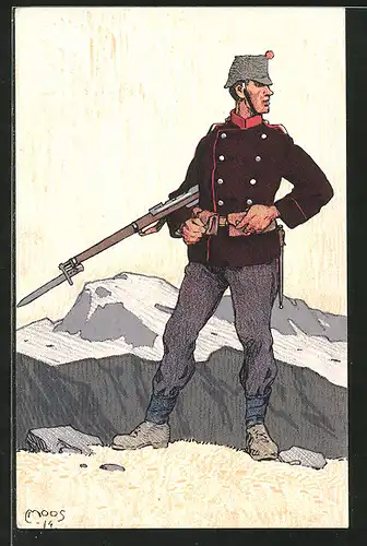 Künstler-AK Carl Moos: schweizerische Grenzbesetzung 1914, schweizer Infanterist in Uniform mit Gewehr hält Wacht