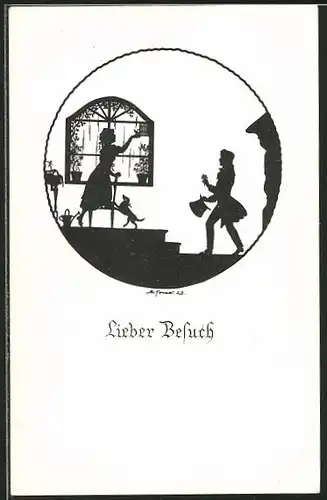 Künstler-AK Elsbeth Forck: "Lieber Besuch" Kavallier bringt Blumen