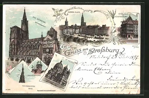 Lithographie Strassburg, Das Münster, Kleber-Platz, St. Peter, Die Störche, Altes Haus am Münsterplatz