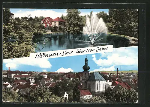 AK Illingen, Parkpartie mit Fontaine, Panoramansicht