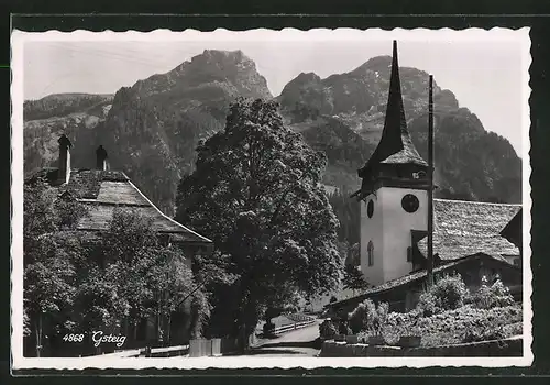 AK Gsteig, Kirche mit Alpenpanorama
